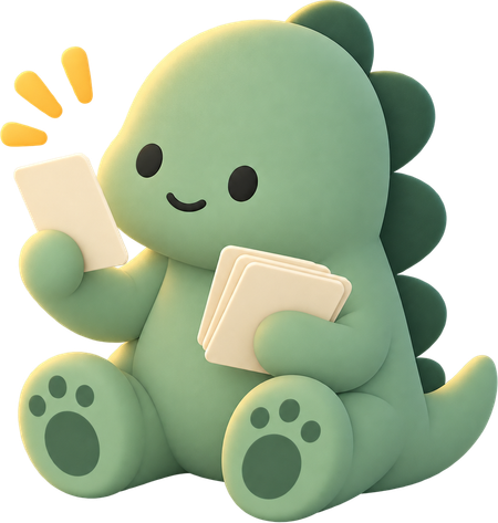 Scribo's dinosaur flipping through a stack of practice cards