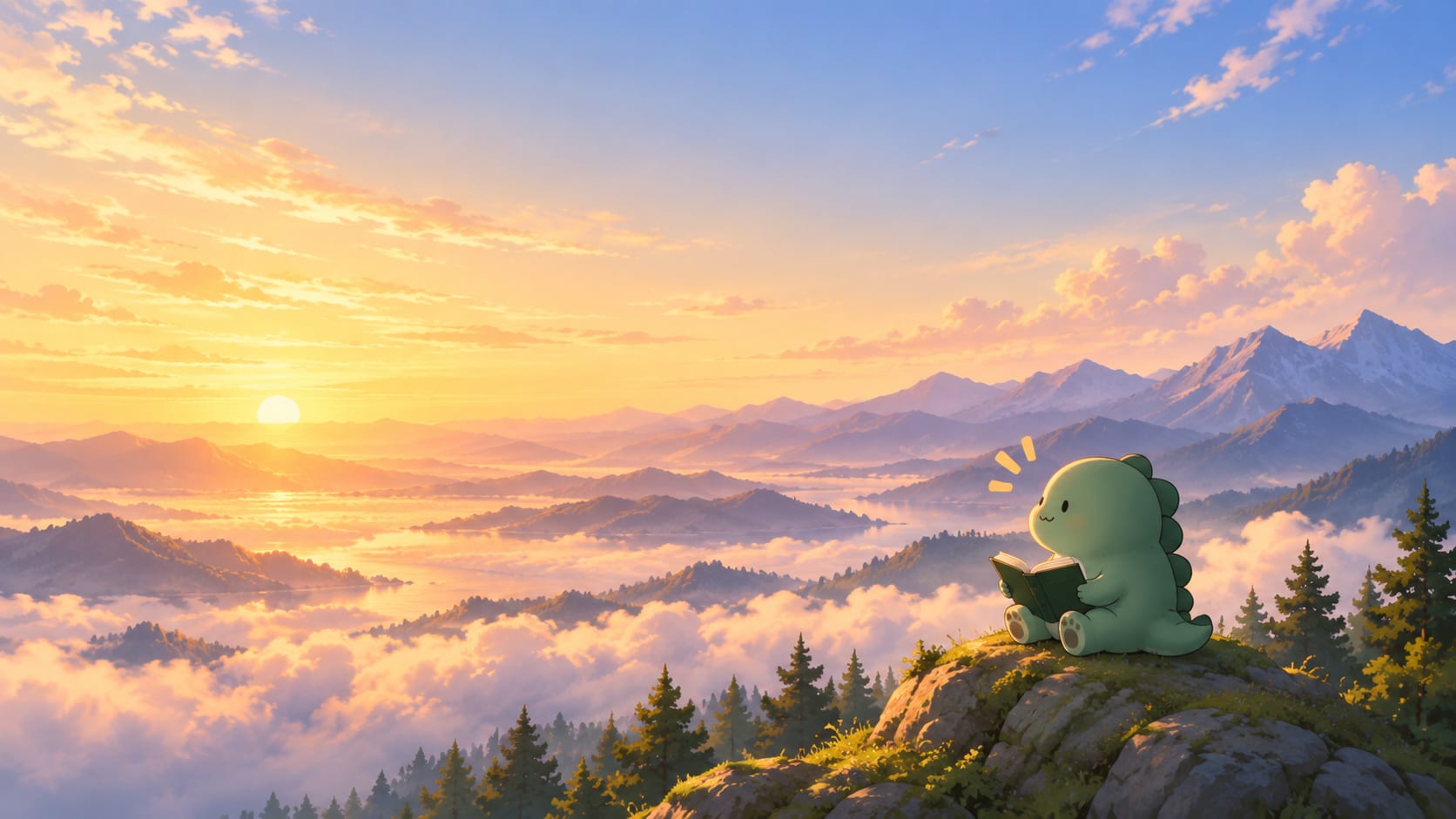 Scribo's green dinosaur sits on a mossy rock with an open book, looking up at the sun rising over a sea of clouds.